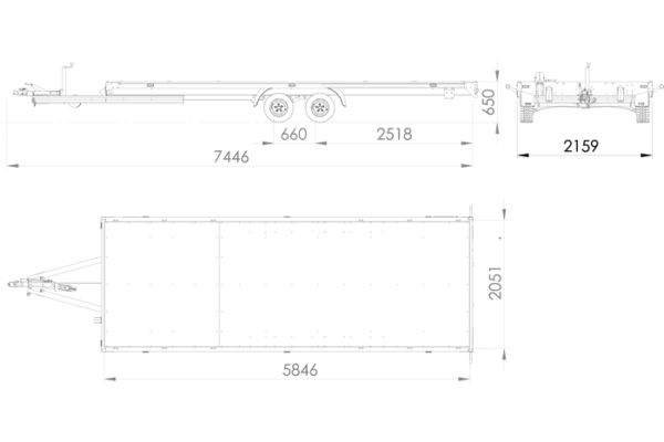 Remorque voiture à deux essieux UNITRAILER UNIPLAT 600 ALU – données techniques